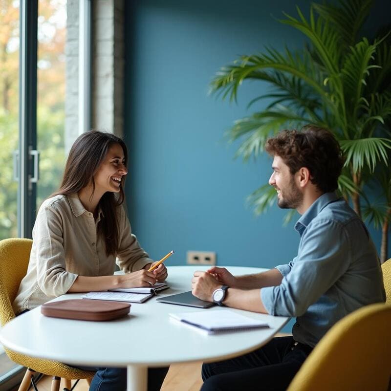 cours de portugais chez Adomlingua dans une pièce au décor moderne, la caméra se concentre sur deux personnages à une table ronde blanche avec une tablette posée dessus.